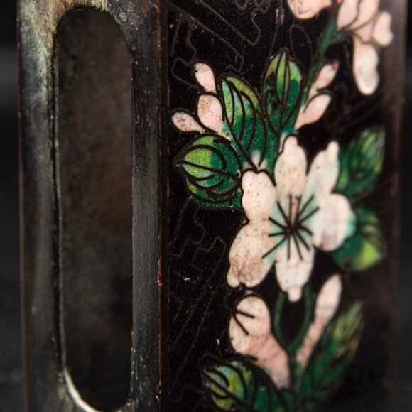 Vintage Cloisonné Black Floral Matchbox Cover With Hand-Painted Enamel Design - Picture 6 of 8